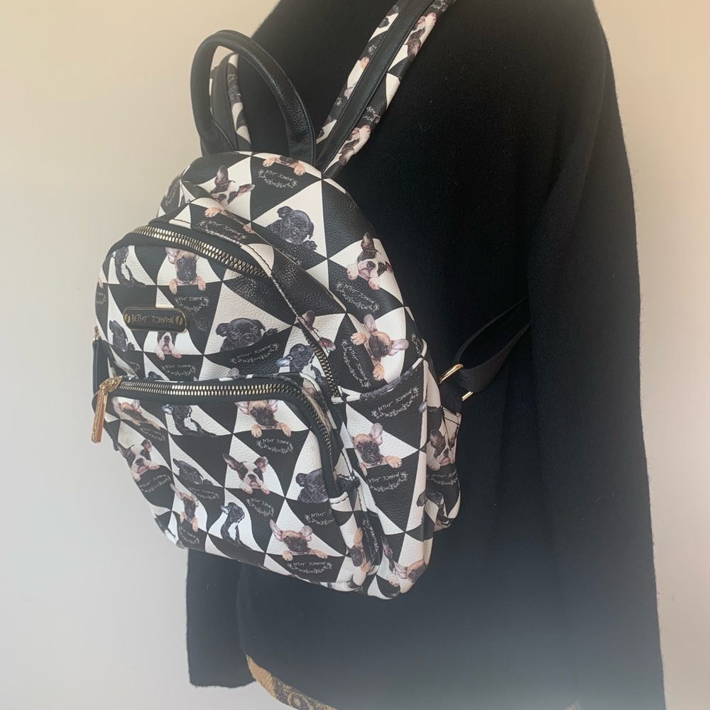 BETSY JOHNSON checkered design with adorable French bulldogs ladies backpackNWOT